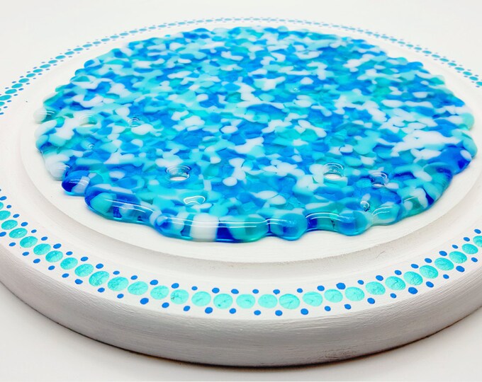 Blue casserole / plant stand. Fused glass and wood round pot stand. Table centre, condiment holder. Pan stand. Housewarming gift. Home decor