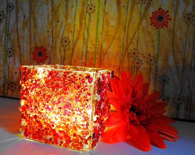 Coral red translucent fused glass light, candle tealight holder, planter, cuttlery napkin holder. Ornamental gift. Wedding anniversary ideas