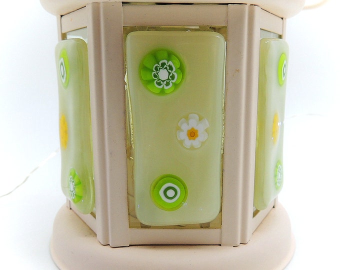 NOW REDUCED Cream green glass metal garden lantern. Fused glass light. Housewarming, home gifts. Tealight mixed creams. Home decor. Gifts.