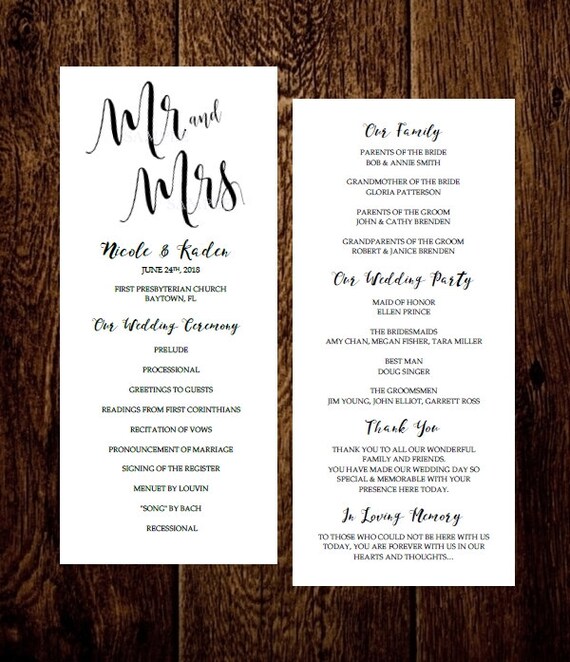 Wedding Program Template Tea Length Mr and Mrs by BabiesLove2Party