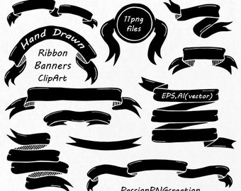 Hand Drawn Ribbon Banners Clipart, Doodle clip art, Elements for Card Design, PNG, EPS, AI, vector files, For Personal and Commercial Use