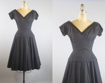 Back to Black Dress / 50s Dress / Black Cotton Peplum Dress