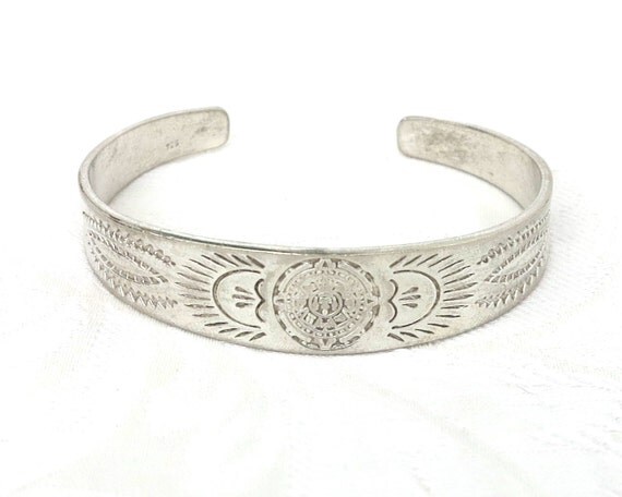 Vintage sterling silver Mexican cuff bracelet with by CardCurios