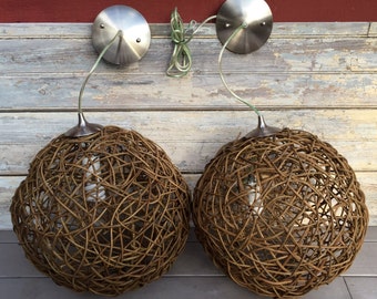 Vintage Pair of Twig Sphere Hanging Pendant Lights 16" Diameter Ball Globe **FREE SHIP**