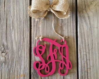 Car Charm - Car Monogram - Rear View Mirror Monogram - 4.5" Painted Monogram with Burlap Bow