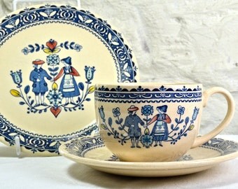 Johnson Brothers Tea Cup Trio - Hearts and Flowers - Johnson Bros Ironstone Vintage China, Ceramics and Pottery Tea Set in Folk Art Style