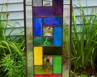 NEW- Rainbow Colors & Beautiful Bevels- Geometric-Stained Glass Panel. 20in X 6 1/2in