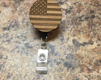 American Flag, USA Wood Engraved Badge Reel/Holder