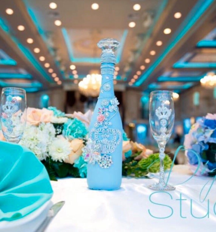 Quinceanera Custom Made Champagne Bottle and Glass Set