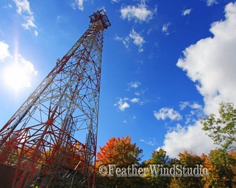 Tall Communication Cell Tower | Architecture Landscape Photography | Blue Sky Art | Autumn Color | North Woods | Colorful Trees | Cell Print