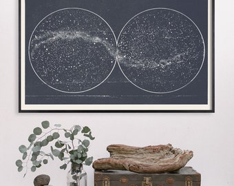 Star Map, Star Chart Print, Double Constellation, Hemispheres, Milky Way, Large Art, Loft Art, Large Horizontal, Circles, Library Art, Slate