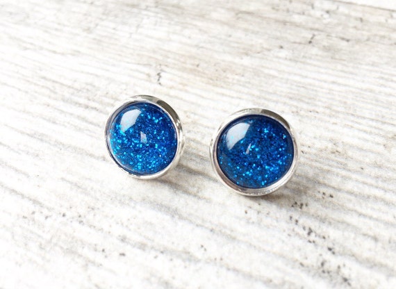 Items similar to Blue glitter earrings, glitter post earrings, glitter ...