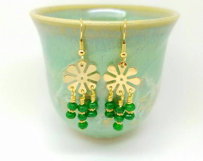 Dark Green Earrings, gold and green drop, green gold earrings, gold flower earrings, green shyness drop, 18k gold earrings, 18k drop