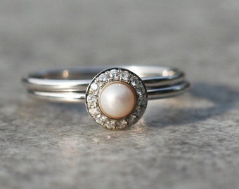 halo engagement ring pearl engagement ring white pearl engagement ring with diamonds in 14k gold unique wedding set - Pearl Wedding Ring Sets halo engagement ring pearl engagement ring white pearl engagement ring with diamonds in 14k gold unique wedding set - Pearl Wedding Ring Sets