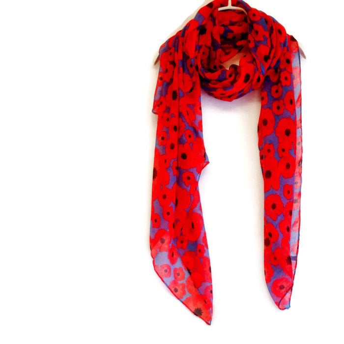 Small Red Poppy Blue/Grey Summer Scarf Spring Scarf / Gift For