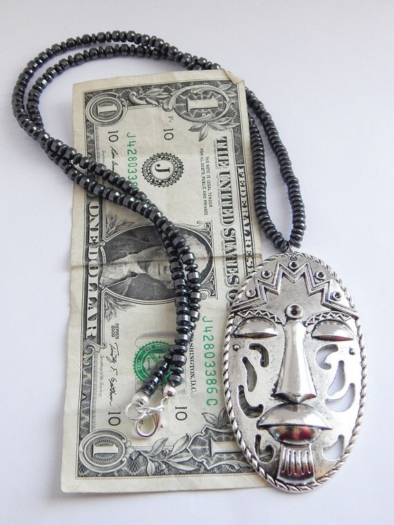 Tribal Mask Necklace Antique Silver Large African Mask Jewelry