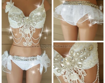 White Diamond Rave Outfit, Ice Princess, White Wonderland Rave Outfit, EDC Bra, Rave Bra, Half TuTu, Snow Angel, Bachelorette Bridal Outfit