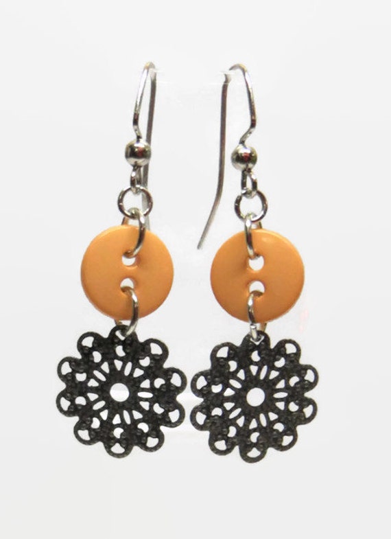 Orange Button Filigree Dangle Earrings by MyCreativeSideJewels