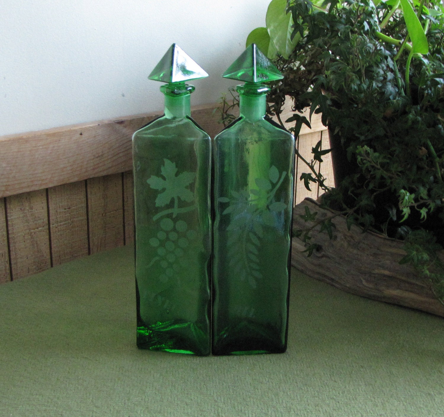 Green Vinegar and Oil Bottles Etched Jars Triangular Condiment
