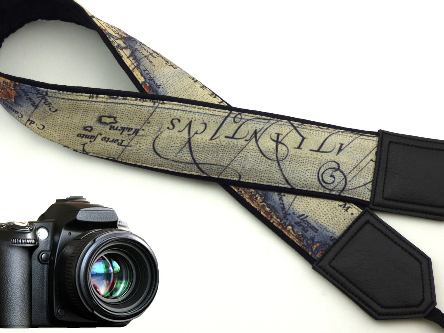 DSLR Camera Strap. Vintage Camera Strap. World Map Camera