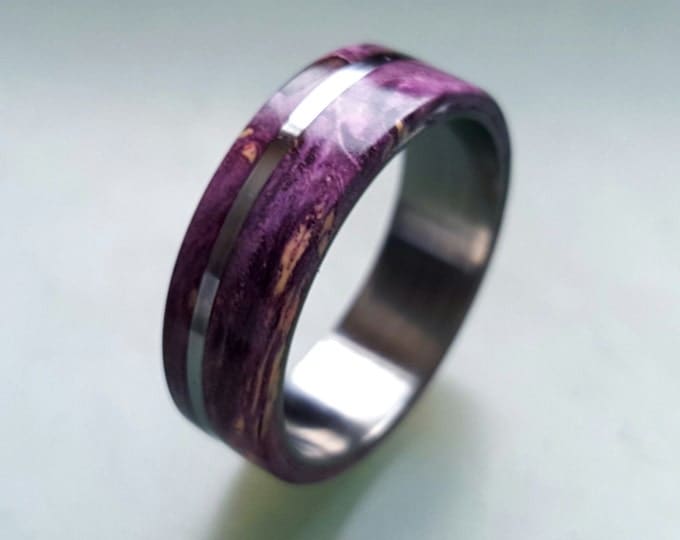 Titanium Ring with Off-Center Purple Box Elder Burl Inlay