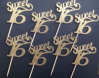Sweet 16 Birthday Cupcake Toppers, Glitter Cupcake Toppers, Quantity of 12, 16th Birthday Cupcake Toppers, Birthday Party Supplies,