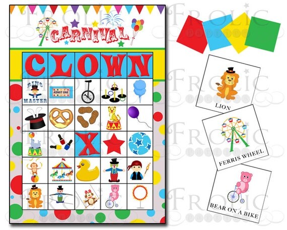 Circus Carnival Bingo 10 printable cards INSTANT DOWNLOAD