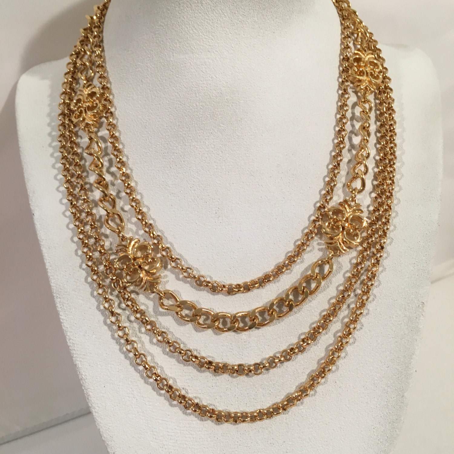 Vintage Monet Gold Tone Multi Chians Necklace by JewelryGeeks