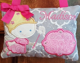 Personalized Tooth Fairy Pillow Girl, Toothfairy Pillow, Embroidered Gift, Loose Tooth, Door Hanger, Hang Bed Post, Pink Gray Tooth Pillow
