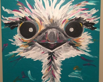 Ostrich Painting custom, colorful fun animal art, painting of an ostrich. Whimsical animal art, ostrich art