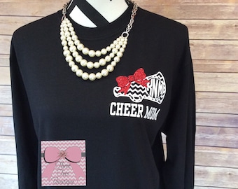 Monogram Cheer Mom Shirt. Megaphone with Glitter Bow. Chevron Monogram Cheer Mom Shirt. Cheerleader. Squad. Long Sleeve Shirt. Monogram Gift