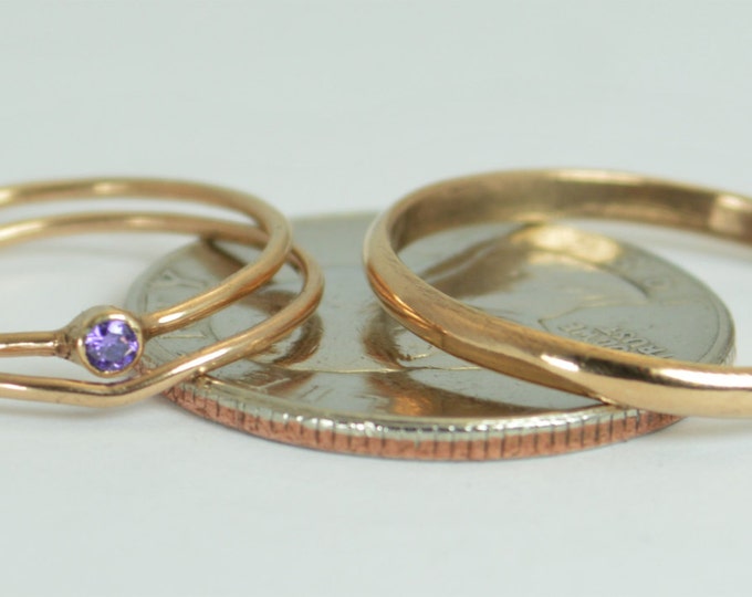 Tiny Amethyst Ring Set, Solid 14k Rose Gold Wedding Set, Amethyst Stacking Ring, 14k Gold Amethyst Ring, Bridal Set, February Birthstone