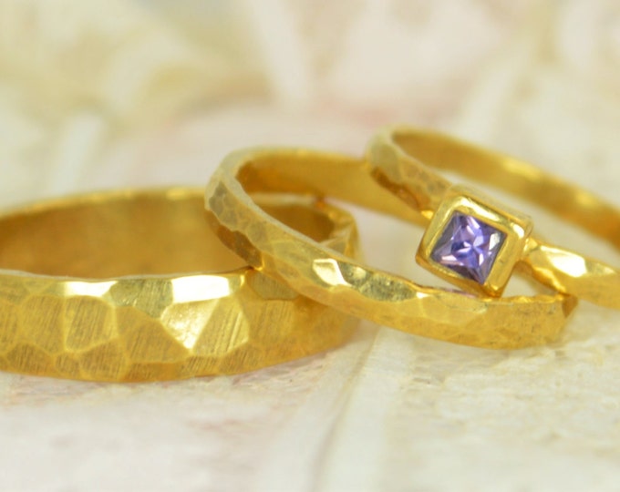 Amethyst Engagement Ring, 14k Gold, Amethyst Wedding Ring Set, Rustic Wedding Ring Set, February Birthstone, Solid Gold, Amethyst Ring