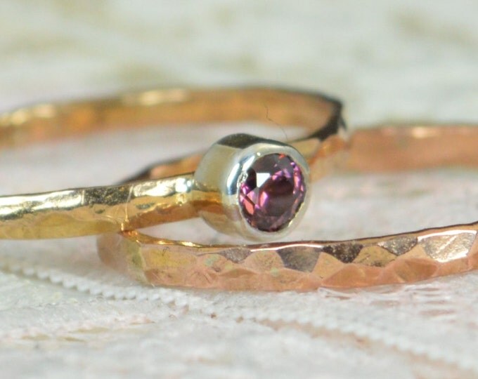 Alexandrite Engagement Ring,14k Rose Gold, Alexandrite Wedding Ring Set, Rustic Wedding Ring Set, June Birthstone,Solid 14k Alexandrite Ring