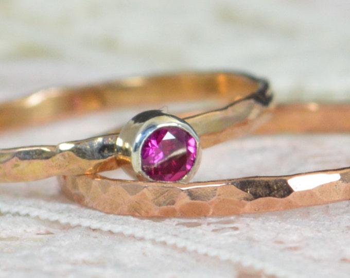 Ruby Engagement Ring, 14k Rose Gold, Ruby Wedding Ring Set, Rustic Wedding Ring Set, July Birthstone, Solid 14k Ruby Ring