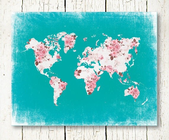 world map pink and turquoise nursery girls room decor floral