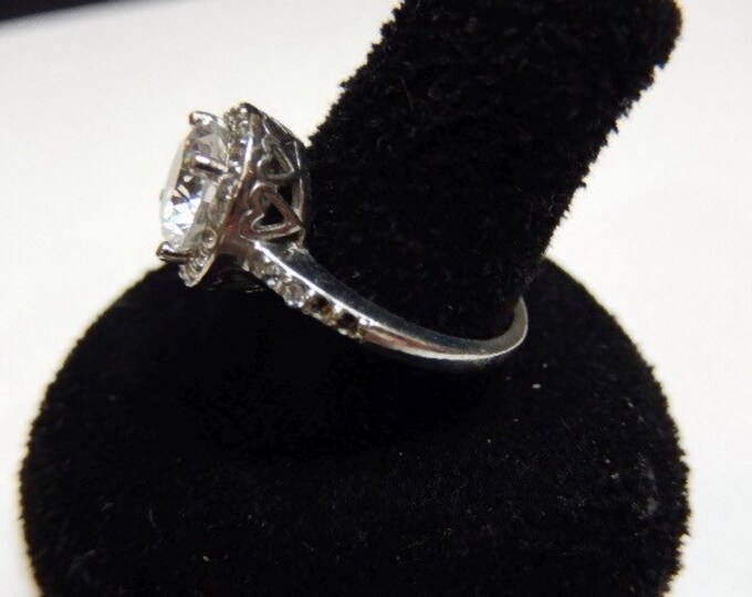 Storewide 25% Off SALE Vintage Sterling Silver Round Brilliant Cut Ladies Engagement Ring Featuring Baguette Accented Design Finish