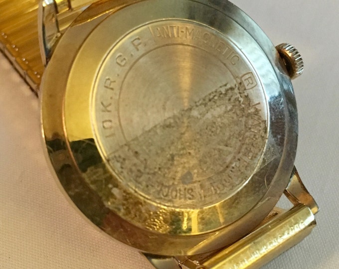 Storewide 25% Off SALE Gentleman's Vintage 10k Gold LeGrant Mechanical White Bezel Wristwatch Featuring Adjustable Flex Band