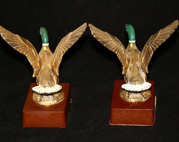 Storewide 25% Off SALE Vintage Stately Cast Brass Philadelphia Company Flying Green Headed Mallard Bookend Set Featuring Wooden Pedestal Bas