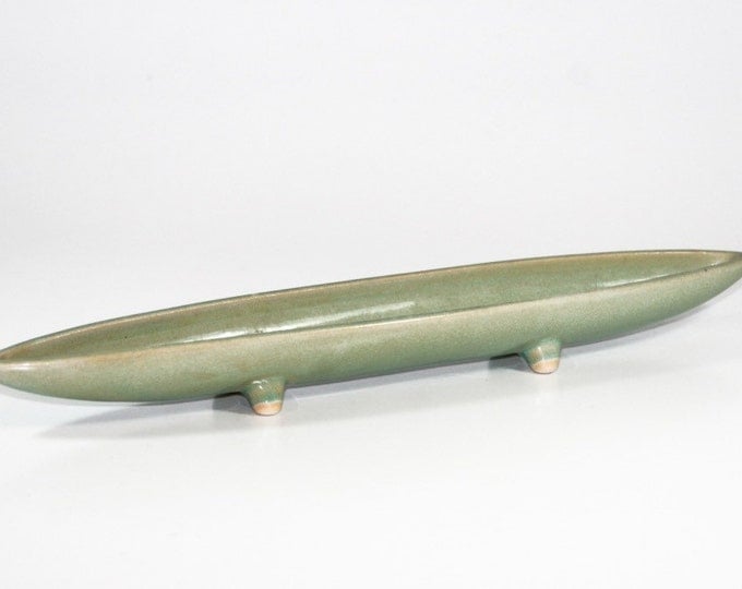 Storewide 25% Off SALE Vintage Elongated Celedon Jade Green Ceramic Footed Art Bowl Featuring Eclectic Slender Design Form