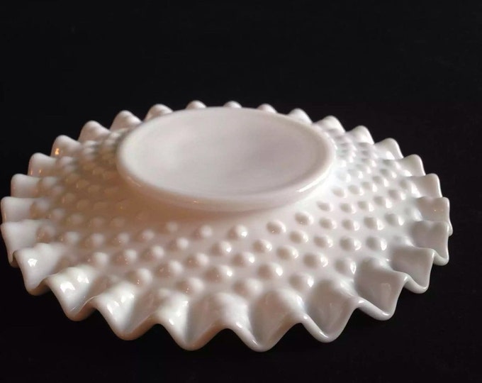 Storewide 25% Off SALE Vintage Fenton Hobnail White Milk Glass Decorative Breakfast Plate Featuring Ruffled Trim Design With Classical Style