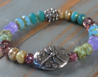 Boho luxe dragonfly stretch bracelet, premium Czech beads, rhinestones, bohemian chic, stacking from MiaBellaJeweleria