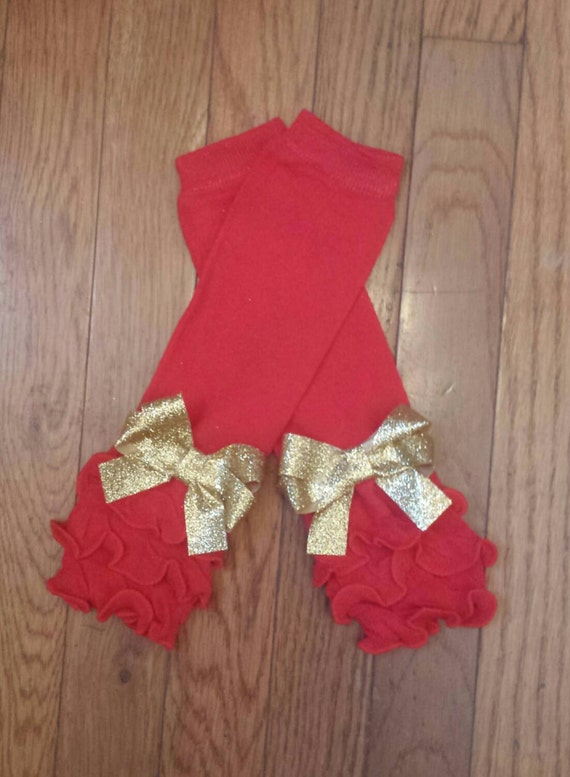 Red Cotton Ruffled Leg Warmers with gold glittery bling bows