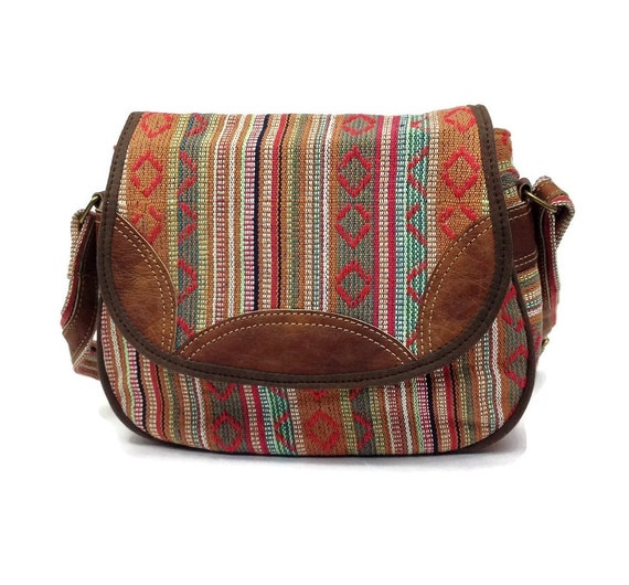 Small Hippie Purse. Cotton and Leather. Use as Handbag