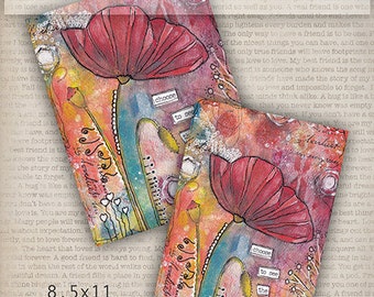 Digital download mixed media journal page pre made pages printable art journal spot 2x2 tiles circle embellishments quotes flowers art