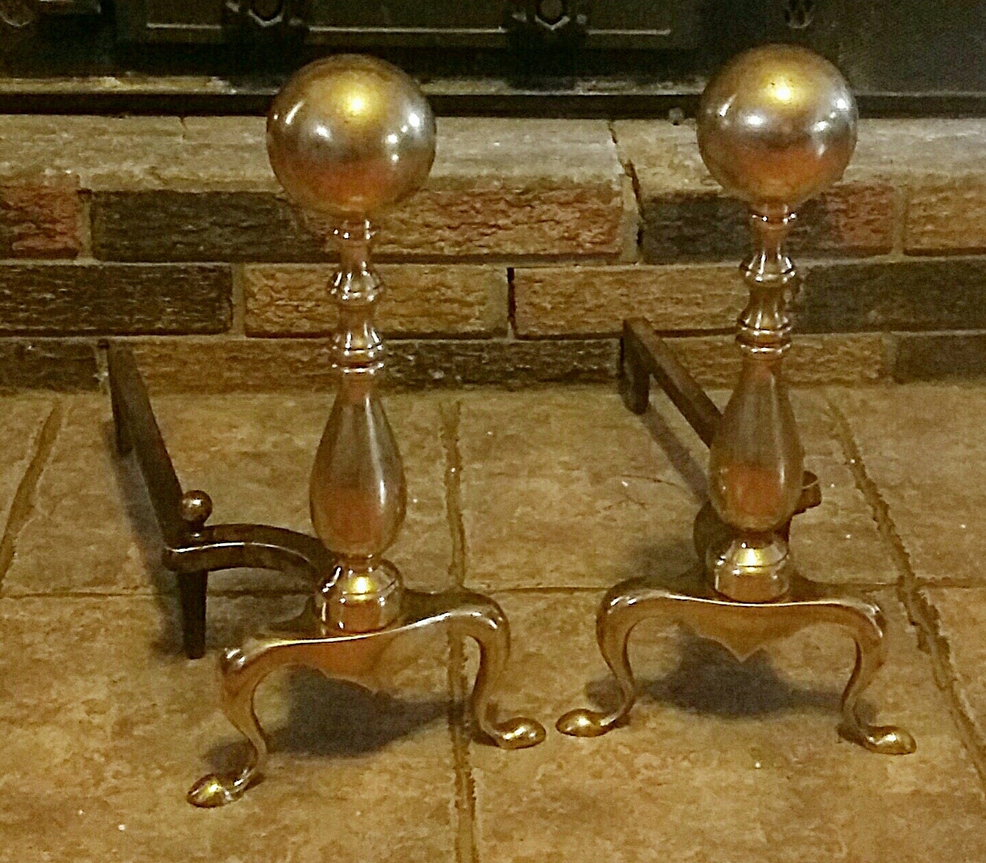 Antique 1800s Brass Cannonball Finial Andirons/Fire Dogs/