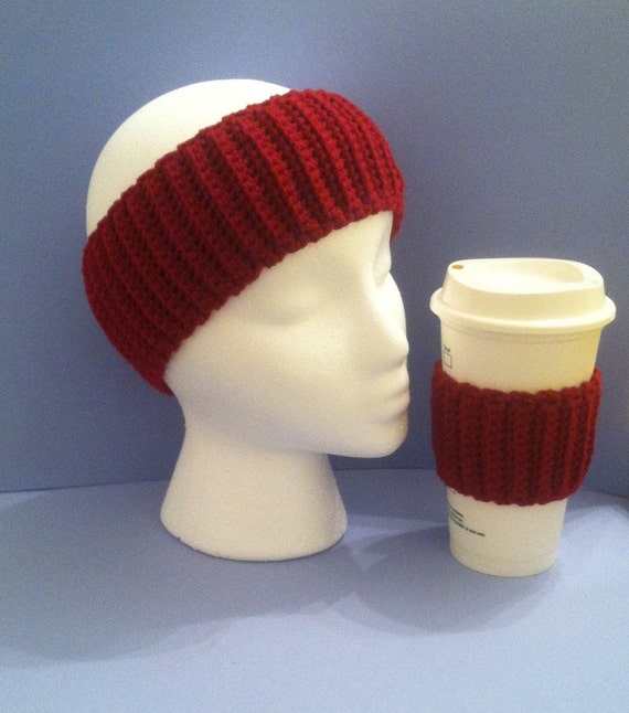 BOGO ear warmer/cozy, ear warmer/cozy set, burgundy ear warmer, burgundy coffee cozy, headband set, coffee cozy set