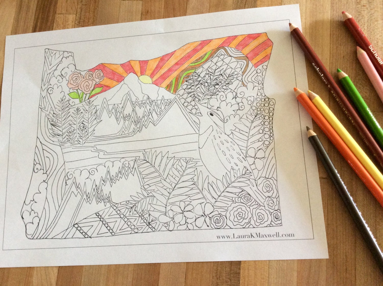 Oregon Coloring Sheet for Adults and Kids 11x8.5 / Oregon