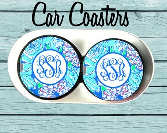 Monogram Car Coaster,Personalized Car Coaster, Lilly Pulitzer Inspired, Cup Holder Coasters, Personalized Gift,