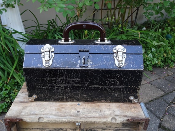 Items similar to Vintage Black Tool Box Excelsior Clasp Metal Box ...